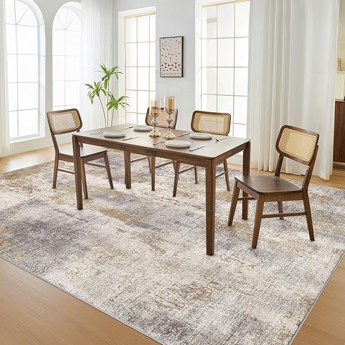 Area Rug Living Room Rugs - 8x10 Washable Large Soft Indoor Neutral Modern Abstract Low Pile Rug Carpet for Bedroom Dining Room Farmhouse Home Office - Brown Grey