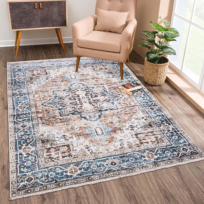 Bloom Rugs Caria Washable Non-Slip 9x12 Rug - Terracotta/Blue Traditional Area Rug for Living Room, Bedroom, Dining Room, and Kitchen - Exact Size: 9' x 12'