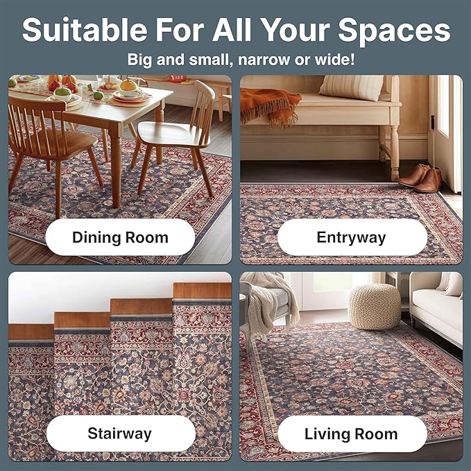 Well Woven Asha Rome Navy Blue Red 7'7" x 9'10" Area Rug - Oriental Floral Pattern, Easy Clean, Floor-Friendly Backing - for Living Room, Bedroom, and Dining Room