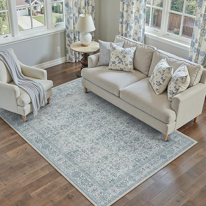Blue Area Rug 4x6 Washable Office Entryway Carpet Soft Vintage Indoor Kitchen Living Room Door Mat Traditional Retro Distressed Thicker Throw Small Rug Bedroom Dining Room Bathroom