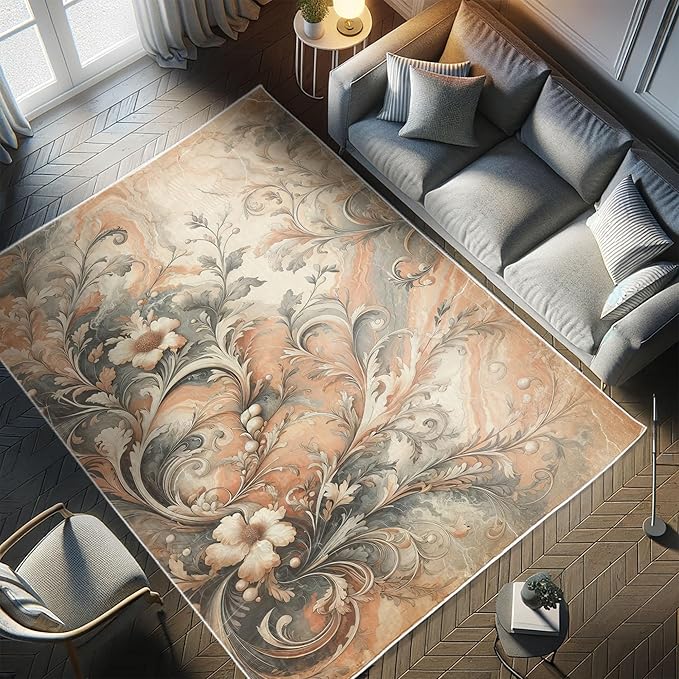 Ambesonne Floral Art Decorative Rug, Abstract Marble Print Look Victorian Curlicue Leaves Boho Flowers, Quality Carpet for Bedroom Dorm and Living Room, 4' X 5' 5", Salmon Blue Grey Eggshell