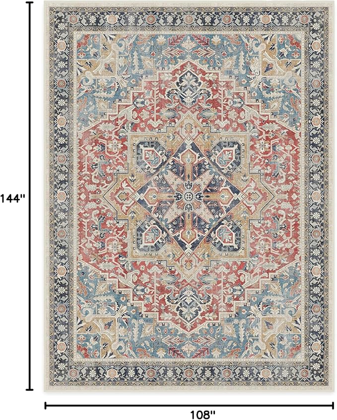 RUGGABLE Washable Vintage Area Rug – Kamran Cayenne Red 9x12, Stain-Resistant, Non-Slip – Large Machine Washable Rugs for Living Room, Bedroom, Hallway, Entryway & Office–with Cushioned Pad