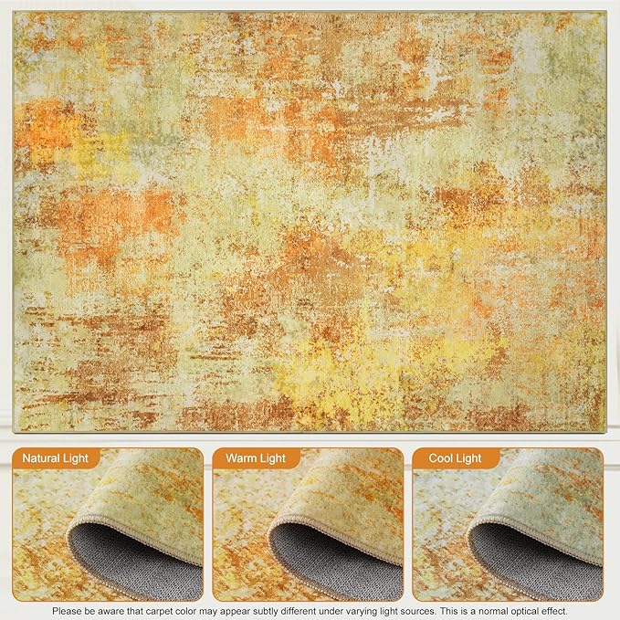 Washable Area Rugs for Living Room 8x10 - Large Neutral Modern Abstract Rug, Soft Low Pile Carpet with Non Slip Backing for Under Dining Room Table, Bedroom, Home, Office, Dorm - Yellow Brick