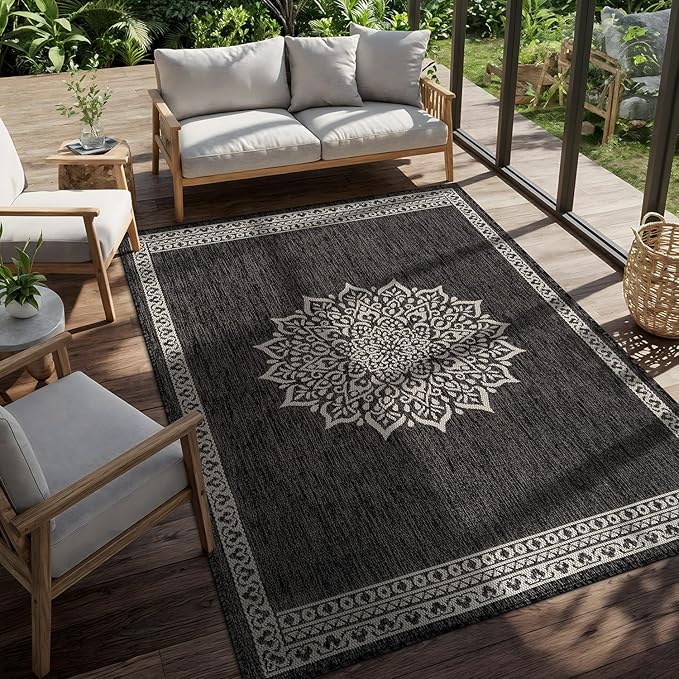 CAMILSON Outdoor Rug 6x9 Medallion Darkgray Modern Area Rugs for Indoor and Outdoor Patios Kitchen and Hallway Mats Washable Porch Deck Outside Carpet (Medallion Darkgray 6 x 9)