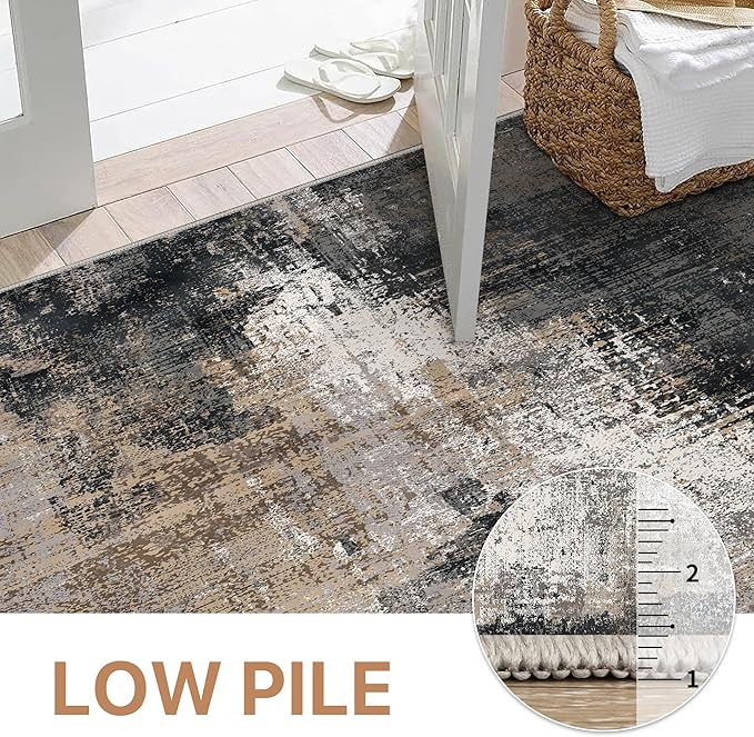 GENIMO Washable Area Rugs for Living Room, 8x10 Vintage Non Slip Rugs, Low Pile Lightweight Soft Print Rug for Bedroom, Dining Room, Home Office, Black Brown
