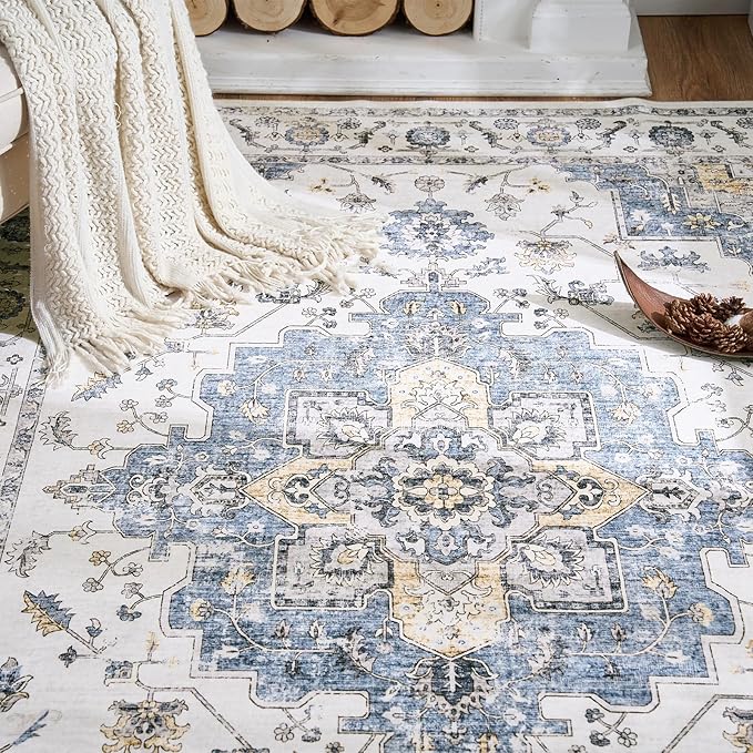 jinchan Area Rug 3x5 Vintage Washable Entryway Rug Floral Medallion Floor Cover Lightweight Non Slip Thin Retro Classic Soft Boho Farmhouse Carpet for Living Room Bedroom Dining Room Kitchen Blue