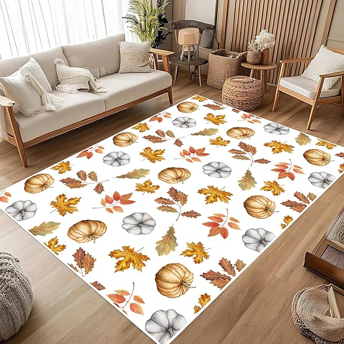 Pumpkin Area Rug, 4x6ft, Fun Vibrant Autumn Harvest Fallen Leaves Pumpkin Plant White Fall Porch Rug, Sturdy Non Slip Easy-Washing Fall Decorations for Home Bedroom