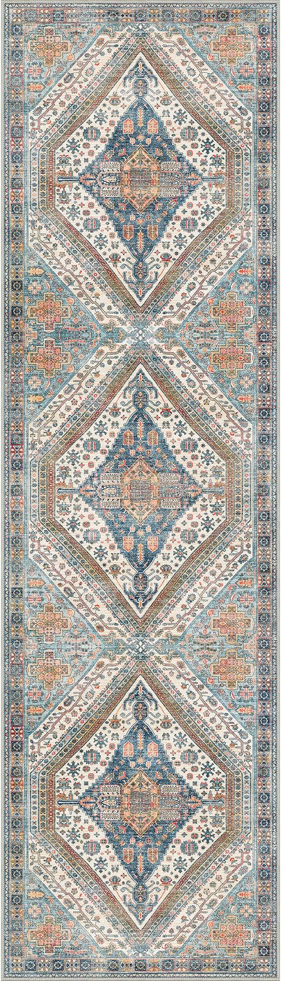 Bavni Runner Rug 2x10 Kitchen Rugs for Hallways Entryway, Washable Vintage Print Carpet, Ultra-Thin Chenille Low Pile Lightweight Rug with Non Slip Backing, Blue/Orange