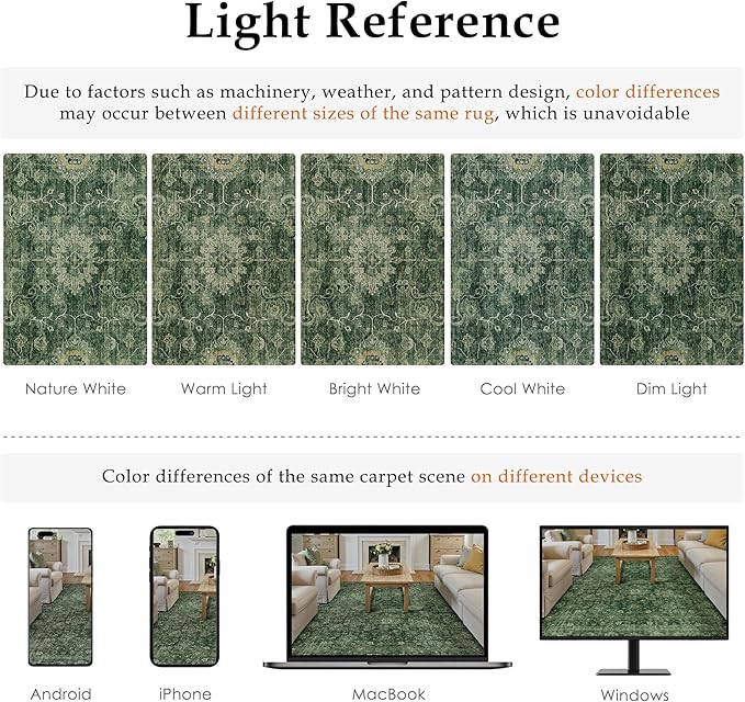 8x10 Washable Area Rug for Living Room Bedroom Green Vintage Distressed Rustic Large Carpet Non-Slip Low Pile Lightweight Vacuumable Soft Throw Rug for Indoor Dining Room