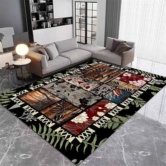 Vintage Jungle Floral Area Rug 8x10ft, Tropical Leaf Print Low Pile Carpet, Washable Non-Slip & Soft Mat for Bedroom, Living Room, Dining Room, Playroom