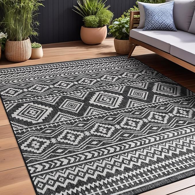Beverly Rug Waikiki Boho Indoor Outdoor Rug 5x7, Washable Outside Carpet for Patio, Deck, Porch, Bohemian Area Rug, Farmhouse Rugs, Aztec Tribal Rug, Black and White