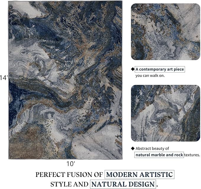 Modern Washable Rug for Living Room: Abstract 10x14 Area Rugs for Bedroom Low Pile Non Slip - Stain Resistant Carpet for Dining Room Indoor - Blue Gold