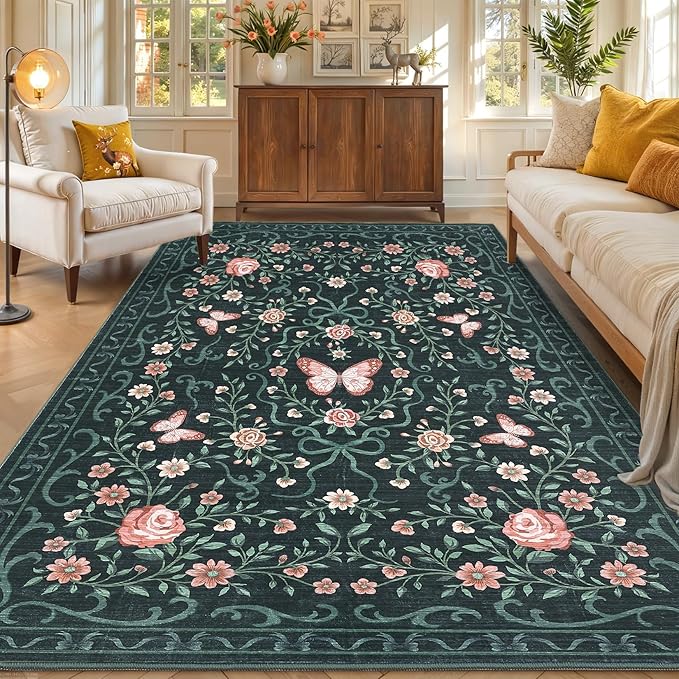 GarveeHome 3x5 Small Area Rug for Bedroom Floral Washable Rugs Non Slip Stain Resistant Living Room Throw Carpet Low Pile Dining Room Black Area Rug Butterfly Bow Rugs for Nursery Home Decor, 3x5