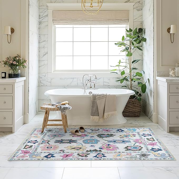 Fame Living Colorful Oushak Rug, Modern, Vintage, Turkish, Eclectic, Floral, Pastel, Washable, Area Rugs for Living Room, Dining, Bedroom, Office, Entryway, Foyer, Playroom, Nursery, 5'x6'9"