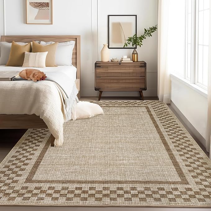 GarveeHome Washable Area Rugs 10x13 Non Slip Soft Large Living Room Rug Modern Checkered Bedroom Rug Soft Geometric Bordered Throw Carpet for Dining Room Home Decor Office Nursery, Taupe