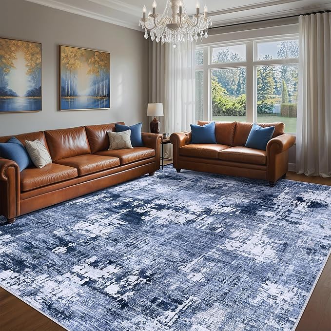 Area Rug Living Room Rugs - 5x7 Washable Large Soft Indoor Neutral Modern Abstract Low Pile Rug Carpet for Bedroom Dining Room Farmhouse Home Office - Navy Blue