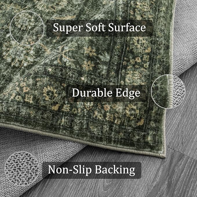Morebes Washable Green 5x7 Area Rugs, Vintage Soft Bedroom Rug Non Slip, Non-Shedding Distressed Indoor Floor Throw Carpet for Bathroom Kitchen Living Dining Room Playroom Farmhouse Christmas Decor
