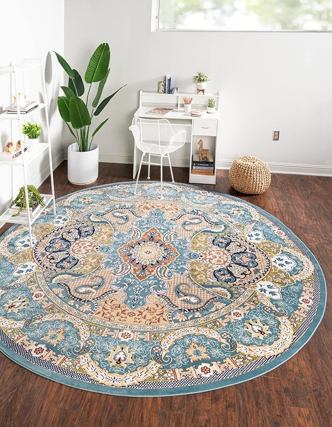 Unique Loom Narenj Collection Classic Traditional Medallion Textured Design Area Rug, 5' 0" x 5' 0", Blue/Tan