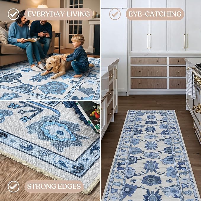Fame Living Navy Blue Oushak Runner Rug, Modern Runners, Vintage, Turkish, Eclectic, Floral, Pastel, Washable, Runner for Hallway, Kitchen, Bedroom, Bathroom, 2'5"x9'8"