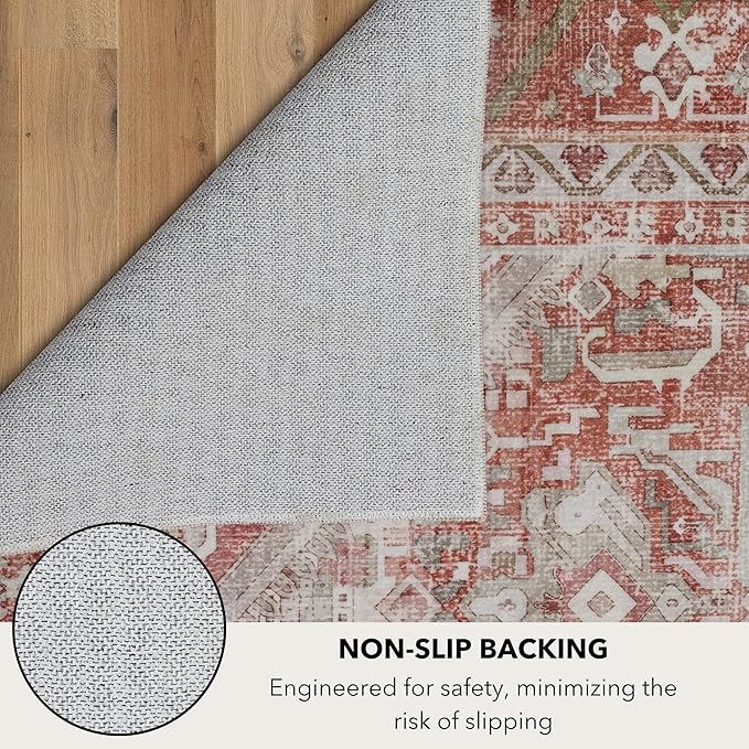 Kuden 4x6 Area Rug, Machine Washable Area Rug with Non-Slip Backing, Vintage Style, Soft, Easy Clean, Low Pile Rug for Living Room, Bedroom, Dining Room