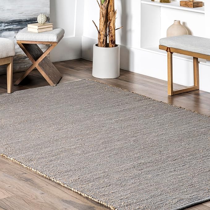 Nuloom Elfriede Handmade, Grey/Ivory, 6' Round, Jute & Cotton, Textured and Earthy, High Traffic, Stain Resistant, Easy Clean, Durable Area Rug for Bedroom, Living Room, Dining, Entryway