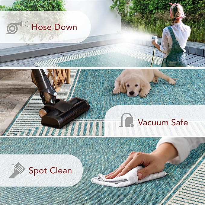 Nuloom Asha Teal/Ivory, 9'6" x 12', Casual, Striped Border, Soft and Cozy, High Traffic, Stain Resistant, Easy Clean, Durable Area Rug for Indoor/Outdoor Patio, Deck, Porch, Garden, Courtyard