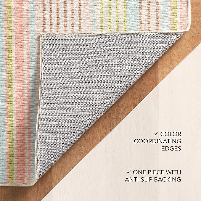 Dash and Albert Ana Ticking Machine Washable Area Rug - 2.5' x 8' Runner Aqua Stripe Washable Accent Rug - Durable, High Traffic Area Kitchen, Hallway, Bedroom