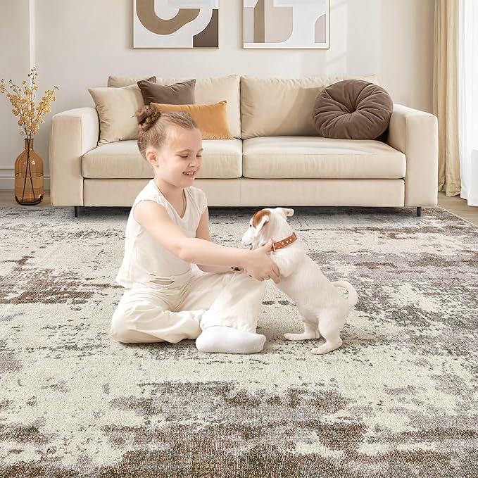 10x12 Area Rug Living Room Rugs - Washable Neutral Modern Abstract Soft Thin Rug Indoor Floor No Slip Rug Carpet for Bedroom Under Dining Table Home Office Decor - Brown/Grey/Beige