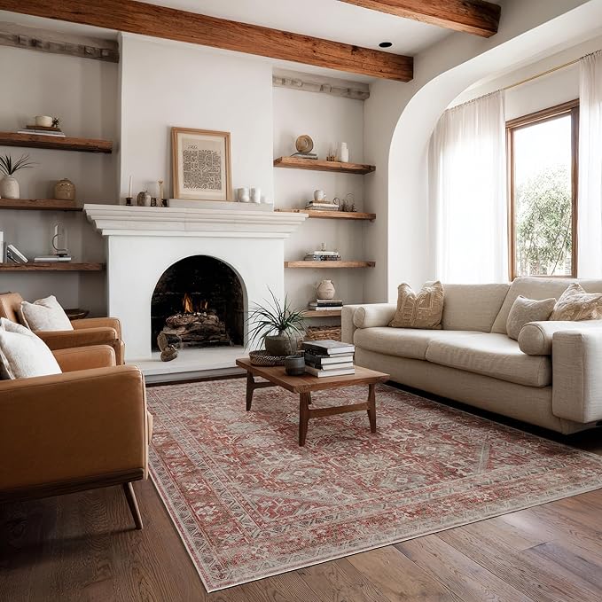 Kuden 8x10 Large Area Rug, Machine Washable Area Rug with Non-Slip Backing, Vintage Style, Soft, Easy Clean, Low Pile Rug for Living Room, Bedroom, Dining Room