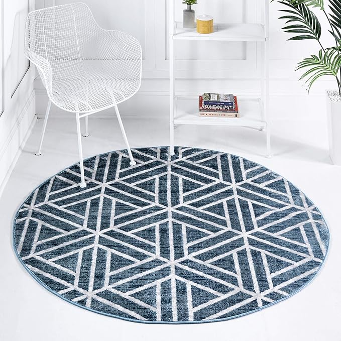 Rugs.com Lattice Trellis Collection Rug – 8 Ft Round Blue Low-Pile Rug Perfect for Kitchens, Dining Rooms