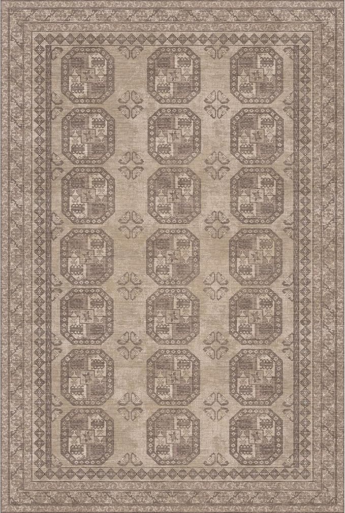 Kuden 8x10 Large Area Rug, Machine Washable Area Rug with Non-Slip Backing, Vintage Style, Soft, Easy Clean, Low Pile Rug for Living Room, Bedroom, Dining Room