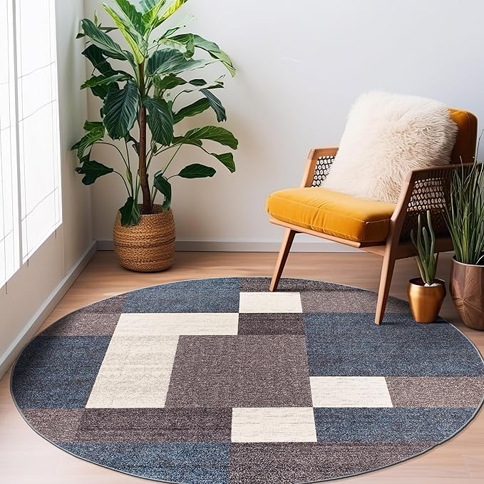 Rugshop Modern Boxes Design Non-Slip (Non-Skid) Round Area Rug for Living Room, Entryway,Kitchen,Breakfast Nook 8' Blue