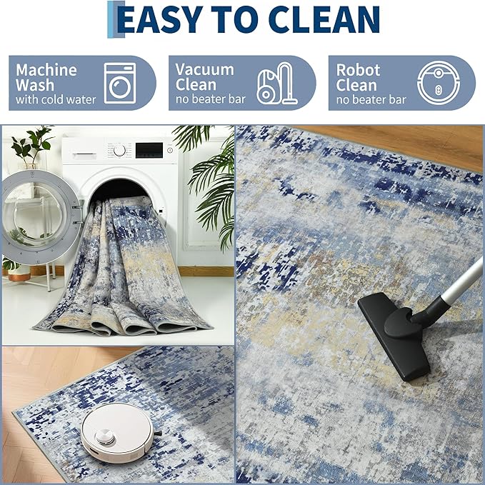 Living Room Rug 7x10 Ultramarine Area Rugs Machine Washable Abstract Boho Large Rug Non-Slip Non-Shedding Faux Wool Indoor Vintage Carpet for Bedroom, Classroom, Dining Room, Kids Playroom