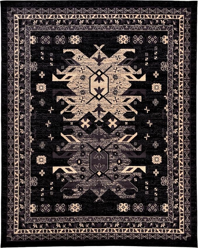 Unique Loom Taftan Collection Border Geometric Tribal Inspired Design Area Rug (8' 0 x 10' 0 Rectangular, Black/ Gray)