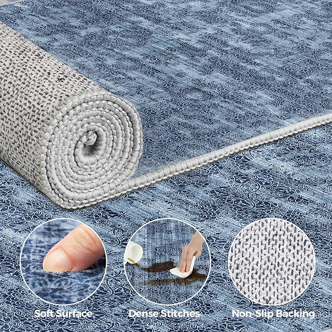 WITSHOCK 5x7 Area Rugs for Living Room: Machine Washable Non Slip Modern Abstract Carpet - Low Pile Print Rug for Bedroom Dining Room - Stain Resistant for Household - Pet Owners (Blue White)