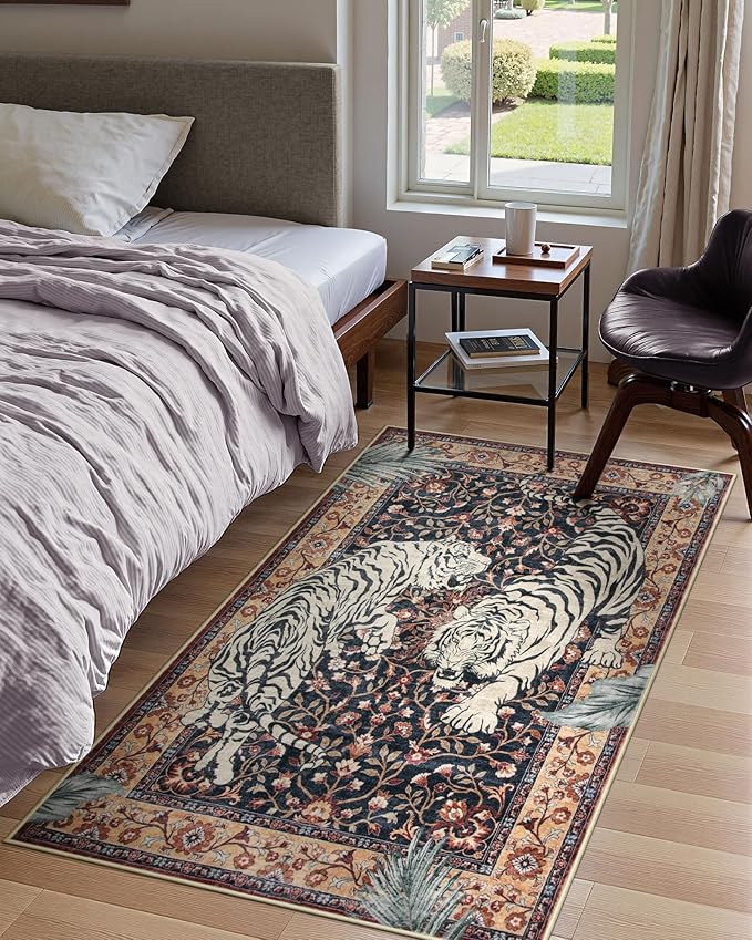 Moynesa Tiger Machine Washable Rug, 3 x 5 Entryway Area Rug Non Slip Vintage Soft Rug for Living Room, Ultra Thin Boho Stain Resistant Kitchen Throw Mat for Entrance Bedside, Puce Red