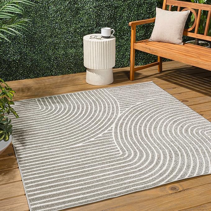 JONATHAN Y Hallie High-Low Curve Gray/Ivory 9x9 Square Indoor/Outdoor Area Rug, Minimalist, Pet Friendly, Non-Shedding, Stain Resistant, Hose-Washable for Backyard, Patio, Porch (SCN100A-9SQ)