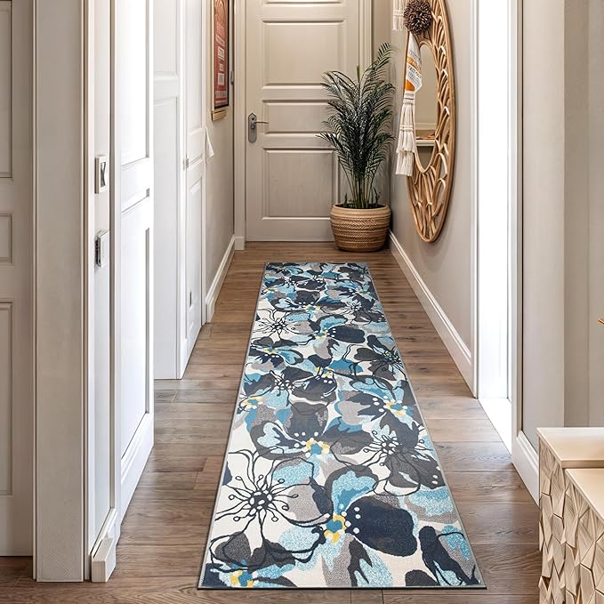 Rugshop Modern Large Floral Non-Slip (Non-Skid) Area Rug Runner 2' X 7' (22" X 84") Gray-Blue