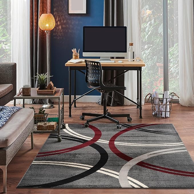 Rugshop Modern Wavy Circles Design Non-Shedding Square Rug, Carpet for Dining Room or Living Room, Red, 6'6" x 6'6"