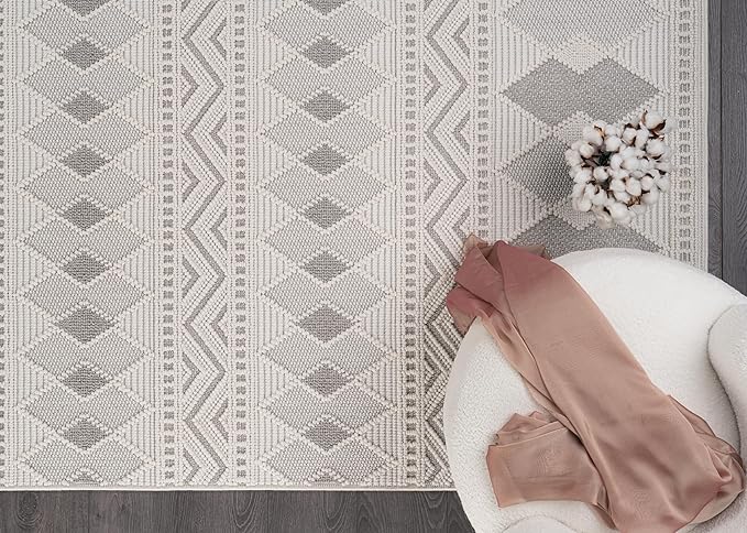 CAMILSON Micro Loop Rug 4x6 Modern Luxury Geometric Boho Diamond Area Rugs Soft High and Low Pile Stain Resistant Easy-Cleaning Non-Shedding for Living Room Office Indoor Carpet (4 x 6 / White - Gray)