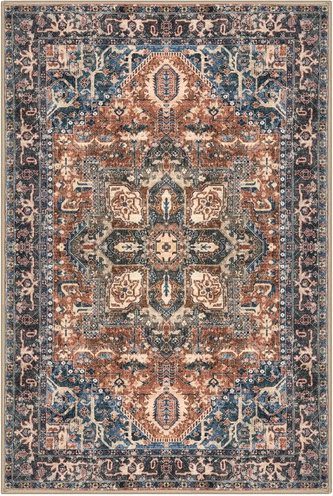 KOZYFLY Small Area Rug 2x3 Ft Rugs for Entryway Washable Boho Entry Rug Non Slip Door Mat Indoor Entrance Faux Wool Vintage Printed Kitchen Rug Throw Rugs for Entrance Kitchen, Red/Navy Blue/Brown