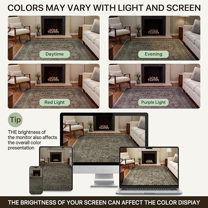 9x12 Area Rug Machine Washable Boho Rug for Living Room,Ultra-Thin Low Pile Carpet,Lightweight Indoor Printed Rug,Non Slip Floral Area Rug for Bedroom, Dining Room, Home Office,Vintage Sage Green