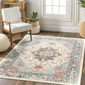 Area Rugs Square 4ft Washable Non-Slip, Floral Vintage Distress Print Pattern Medallion Carpet for Living Room Bedroom Dining Room, Beige Navy Blue Orange Colorful