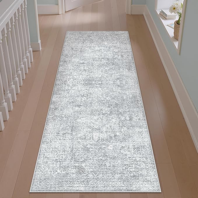 2x8 Runner Rug Washable Vintage Indoor Hallway Carpet Non Slip Grey Bedroom Low Pile Kitchen Distressed Long Retro Accent Throw Rug for Bathroom Dining Laundry Living Room