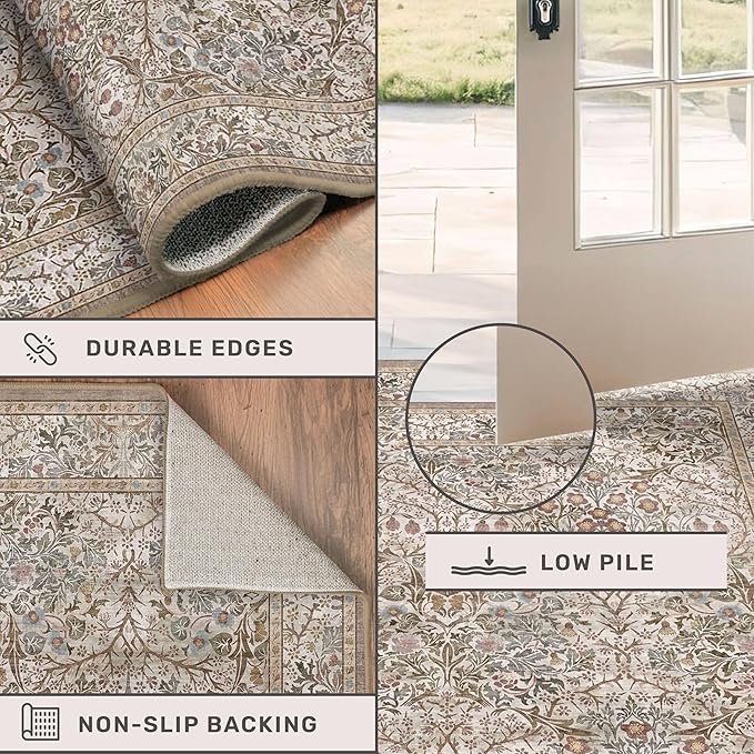 Moss Green Washable 2x3 Entry Rug - Front Door Rugs Indoor, Vintage Floral Style Small Rug for Kitchen, Bathroom, Non-Slip Boho Vintage Dark Taupe Entryway Décor