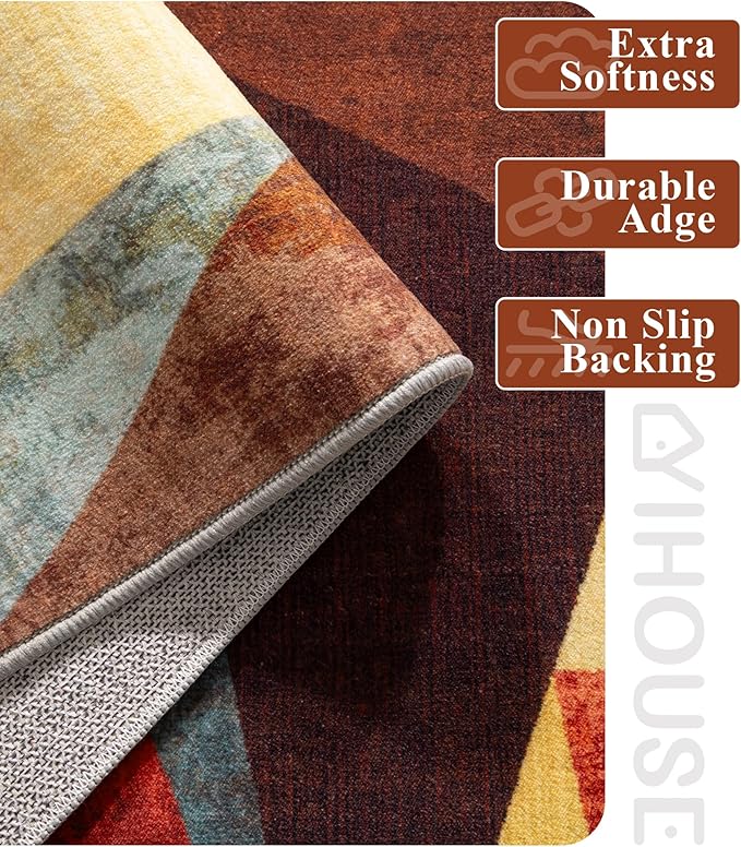 YIHOUSE Brown Rustic Area Rugs 3x5,Geometric Burnt Orange Area Rug Non Slip,Farmhouse Rugs Washable,Burgundy Carpets for Bedroom, Boho Rug for Kitchen,Dining Room