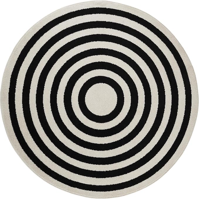 Abani Contemporary Blue & Ivory 6' Round Area Rug, Contrasting Geometric Modern Stripe Symmetrical Living Room Carpet Rugs