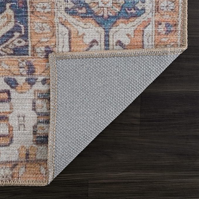 Bloom Rugs Washable 3' x 5' Rug - Orange/Blue/Beige Traditional Area Rug for Living Room, Bedroom, Dining Room, and Kitchen - Exact Size: 3' x 5'