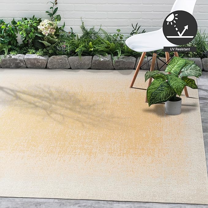 FH Home Outdoor Area Rug - Waterproof Easy to Clean Stain Resistant - Patio Indoor Outdoor Porch Deck Balcony Entryway - Ombre Modern - Dhruva - Yellow - 7ft 8in x 9ft 8in