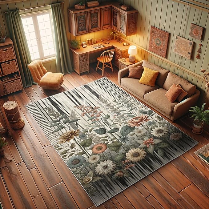Ambesonne Botanical Decorative Rug, Nostalgic Garden Pattern with Flowers and Leaves on Retro Stripes, Quality Carpet for Bedroom Dorm and Living Room, 5' 1" X 7' 5", Sage Green and Salmon